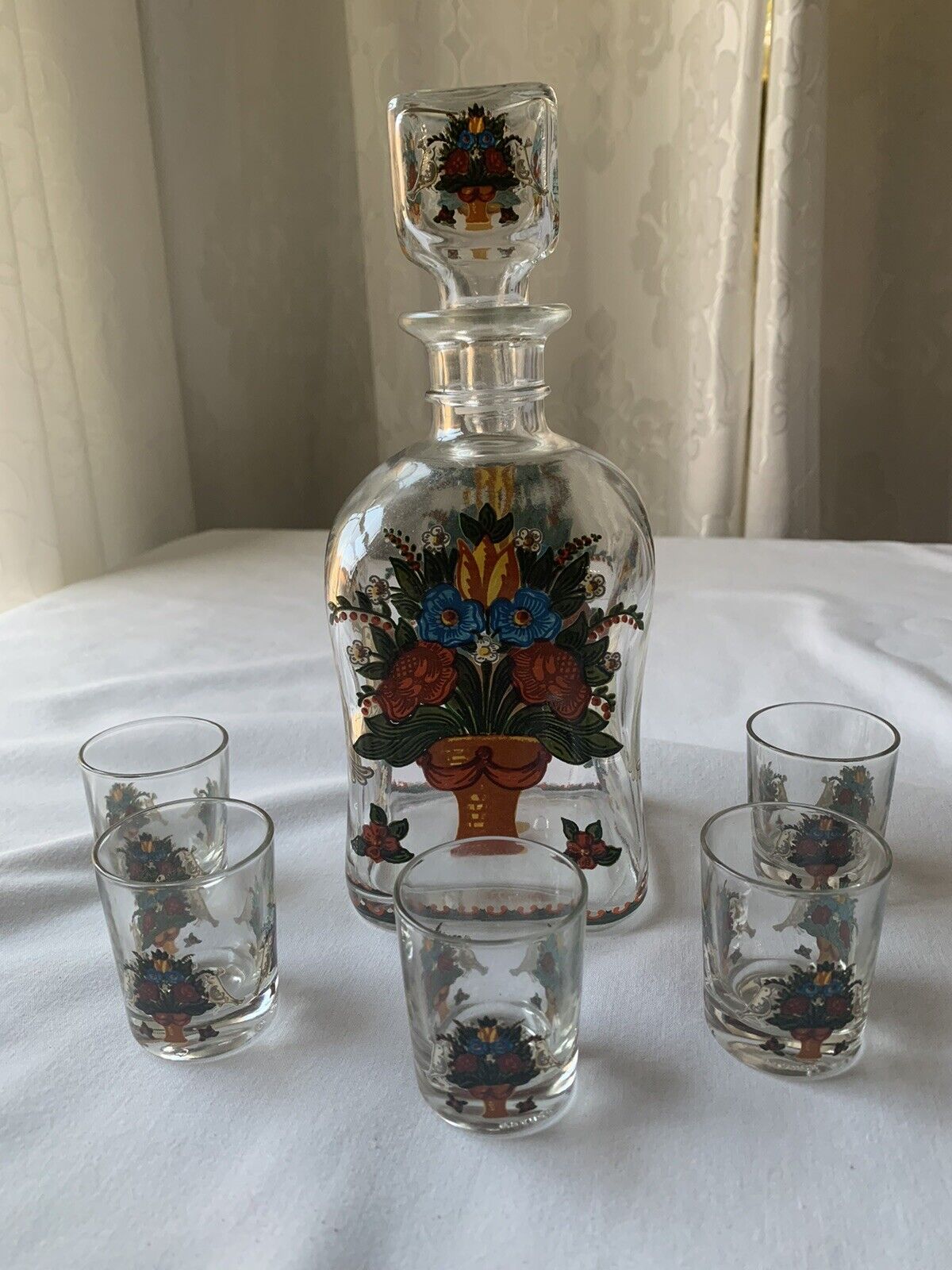 Decanter 5 Shot Glasses Stopper Vintage German Intricate Enamel Painting Glass