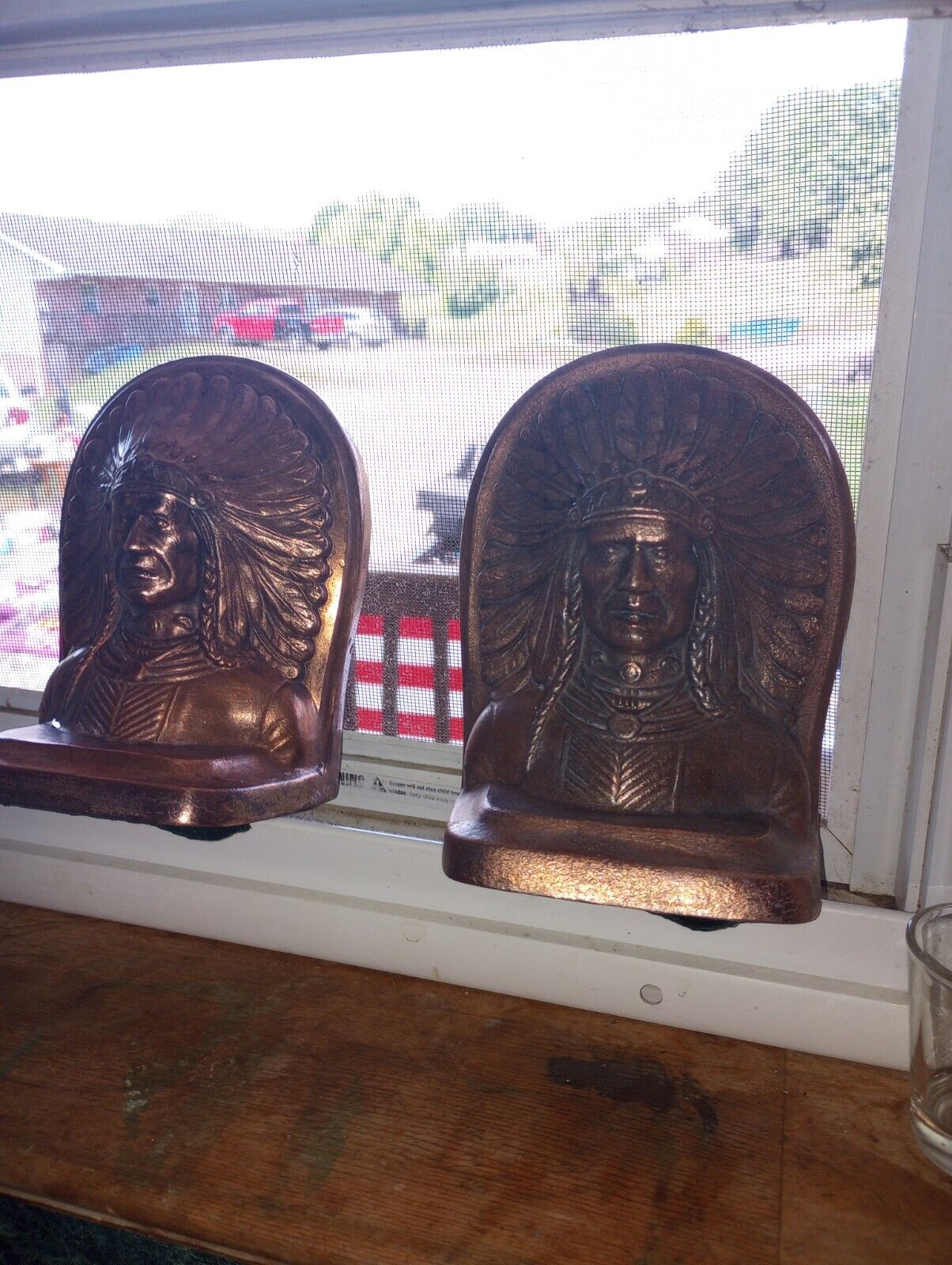 Vintage Bronze Copper American Indian Chief Bookends