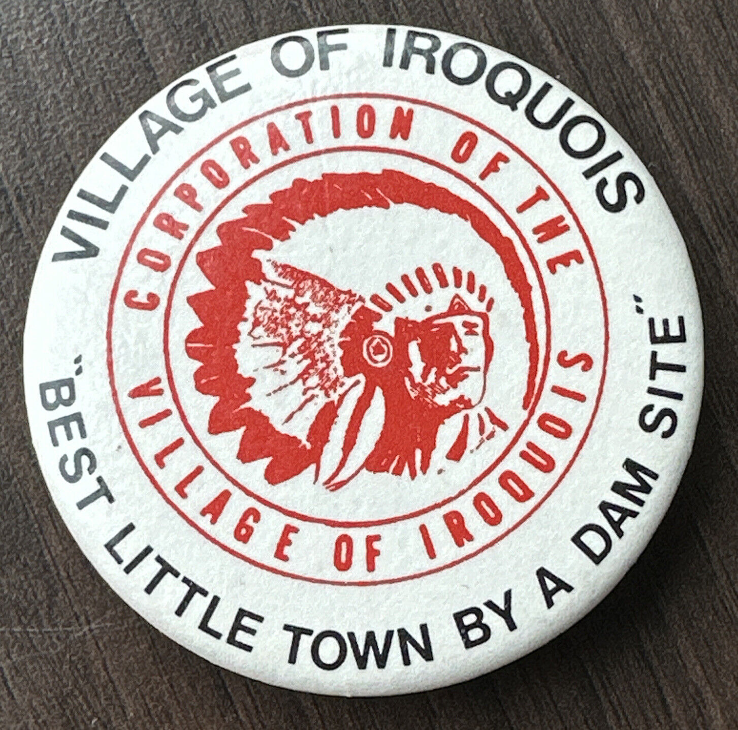 Village of Iroquois “Best Little Town By A Dam Site” Pinback Button