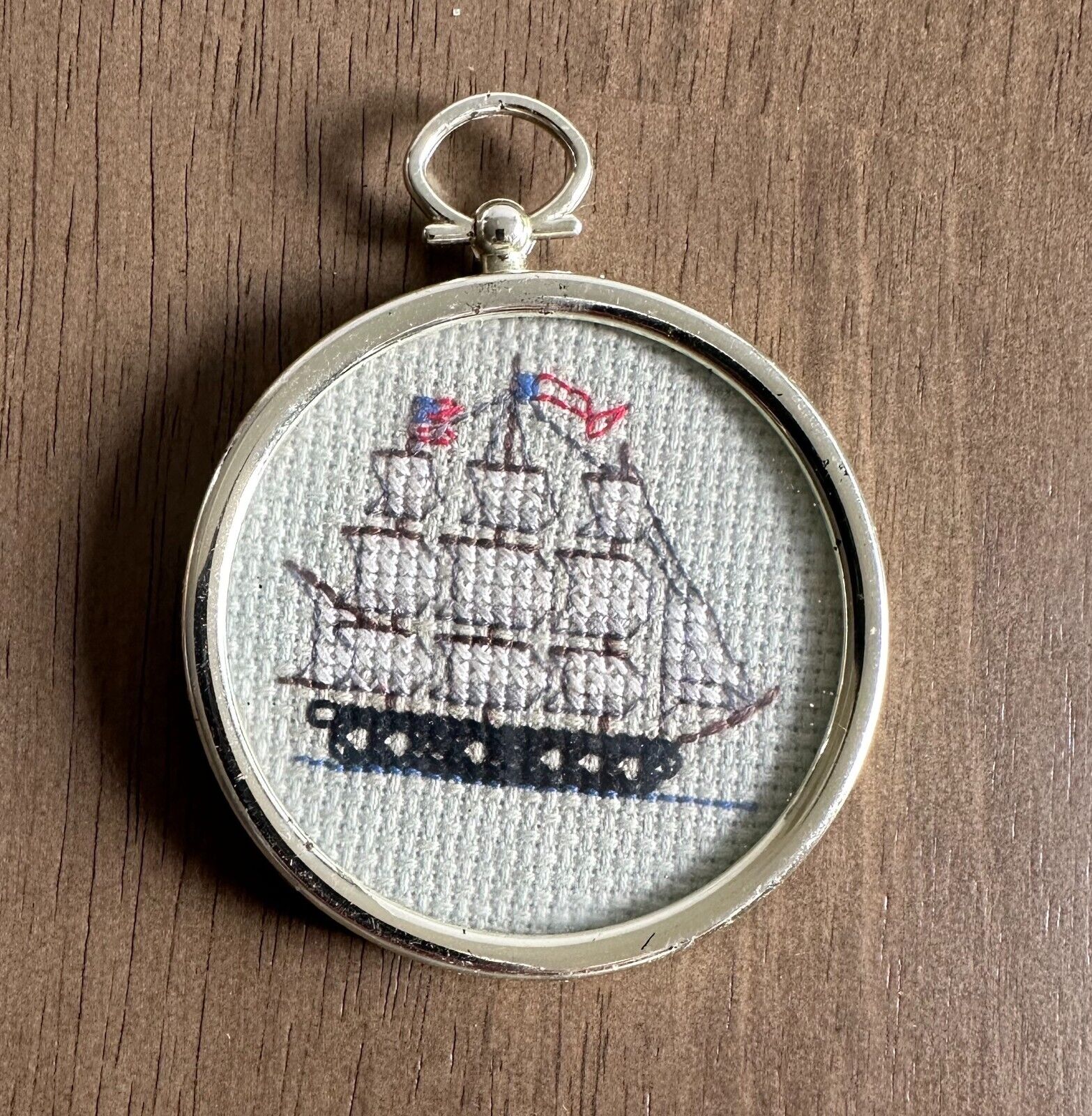 Vintage USS Chesapeake Cross Stitch Framed Christmas Ornament