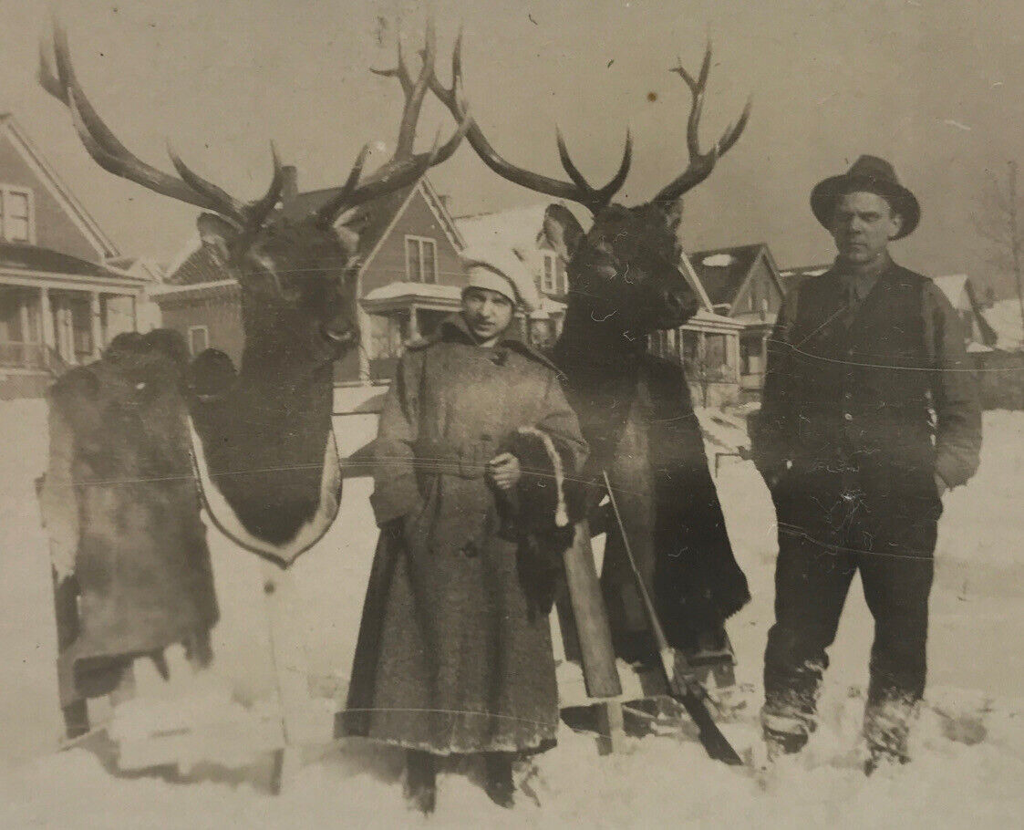 Antique RPPC Hunting Woman Deer Taxidermy Mount Furs Houses Winter Snow Odd #5