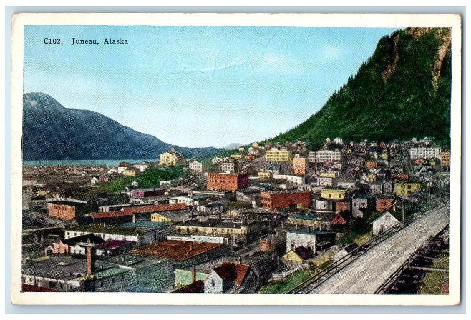 c1920\'s Aerial View Buildings Roads Mountain Foot Juneau Alaska AK Postcard