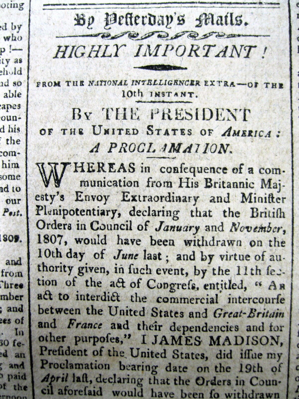 1809 hdlne newspaper JAMES MADISON PROCLAMATION - US EMBARGO on TRADE w BRITISH