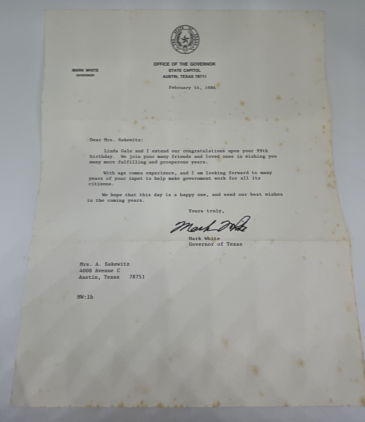 1986 Texas Governor Mark White Birthday Wishes Autographed Signed Letter