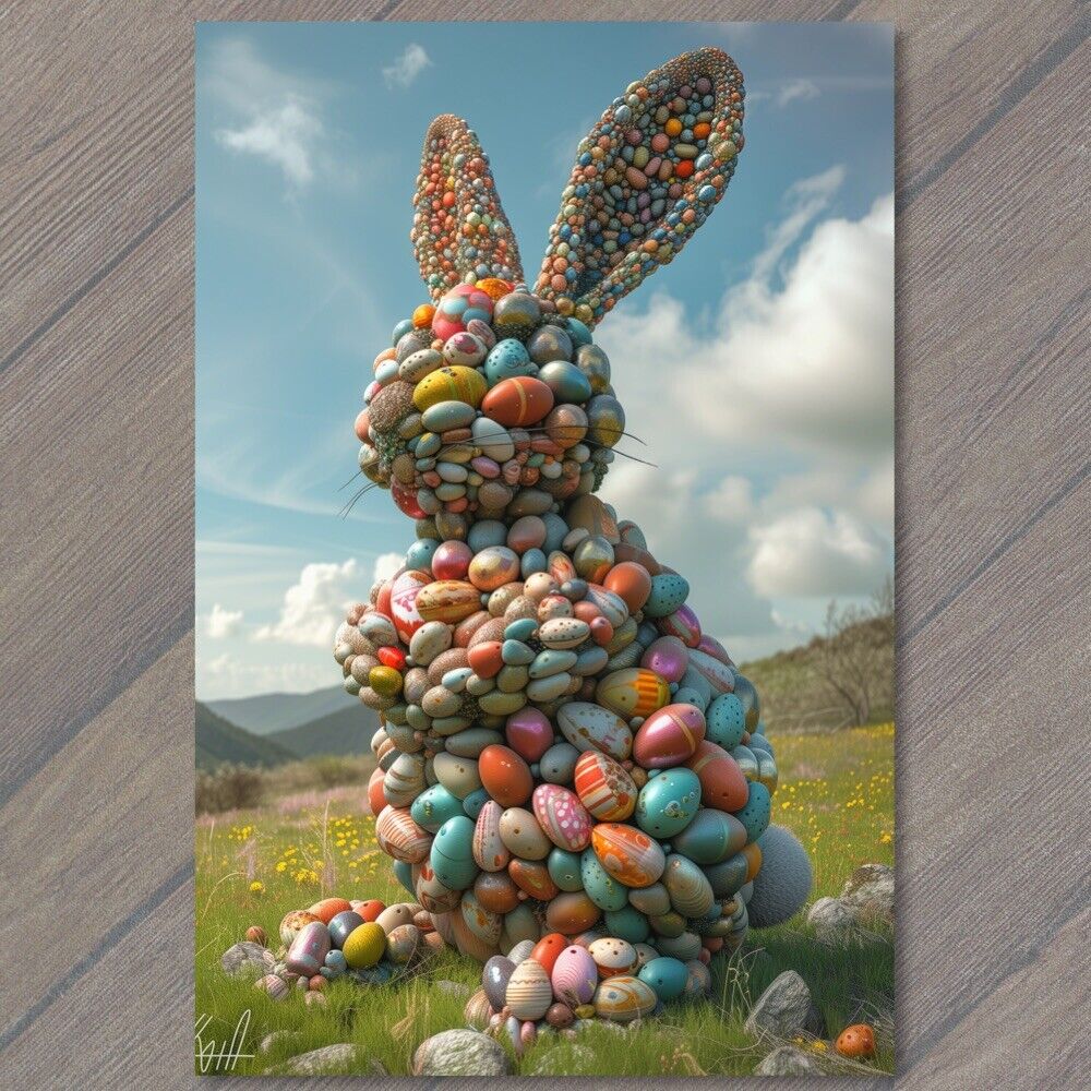 POSTCARD Bunny Rabbit Made Easter Eggs Fun Strange Colorful Unreal Cute Unusual
