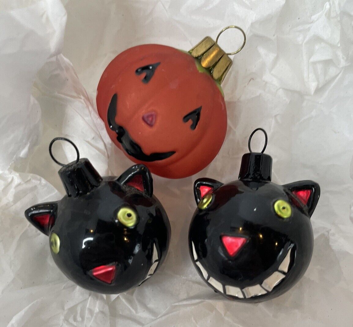 Vintage Black Cats Jack-o’-lantern Blown Glass Halloween Ornaments Set 3