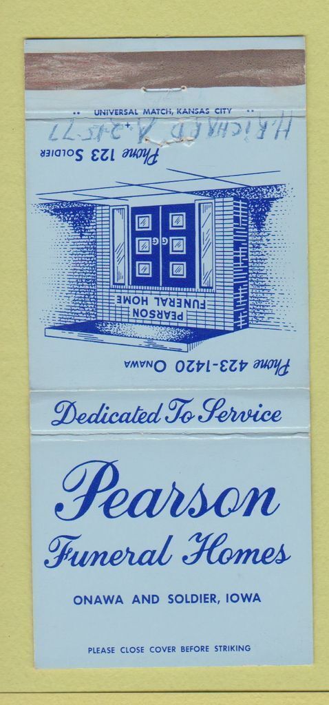 Matchbook Cover - Pearson Funeral Homes Onawa Soldier IA WORN 30 Strike