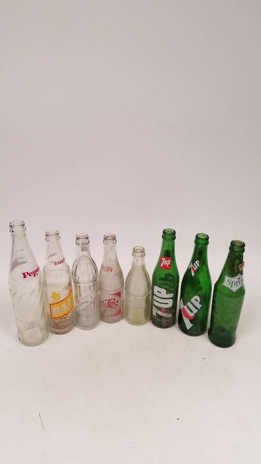 Vintage Lot Of Glass Soda And Water Bottles Pepsi Dads Sprite 7up Edgar Fairmont