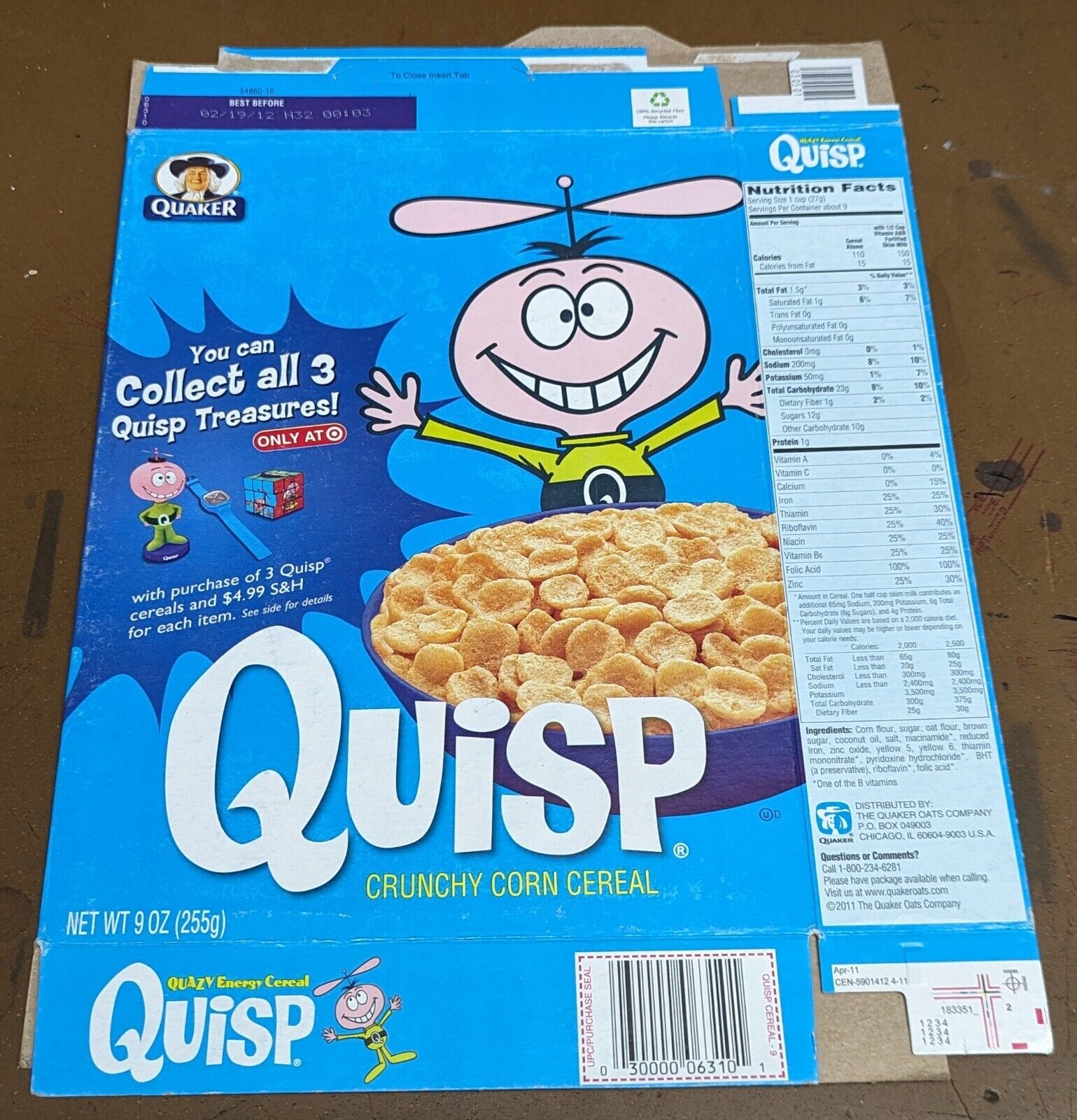 Vintage Empty Quaker Quisp Cereal Box 2012, Collect All 3 Offer