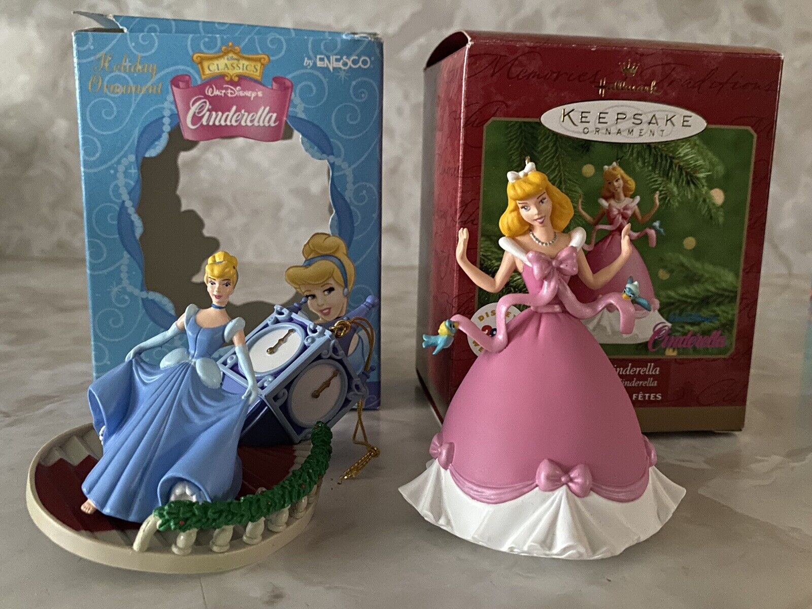 NOB Vintage Disney Cinderella Ornaments Lot Of 2 Dress Stairs Magic Clock