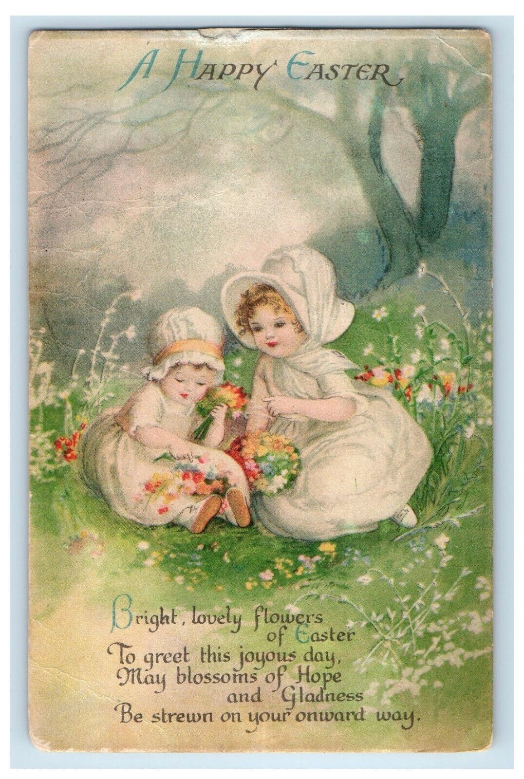 c1910\'s Happy Easter Poem Little Girl Picking Flowers Wolf Antique Postcard