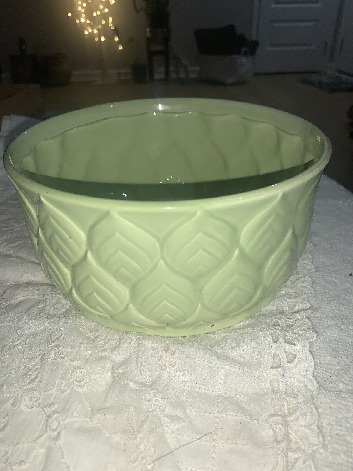 Vtg. Leaf Design Round Planter Lime Green Stamped N And Numbered 340  8x8x3.5