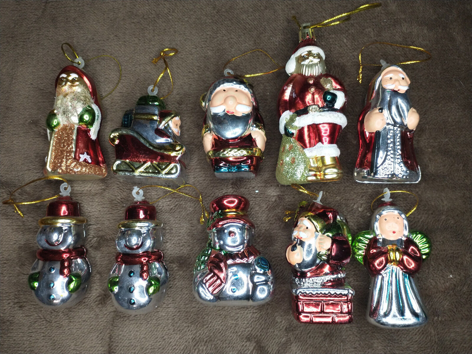 Lot Of 10 Vintage Looking PLASTIC Christmas Ornaments Snowmen, Santa, Angel, etc