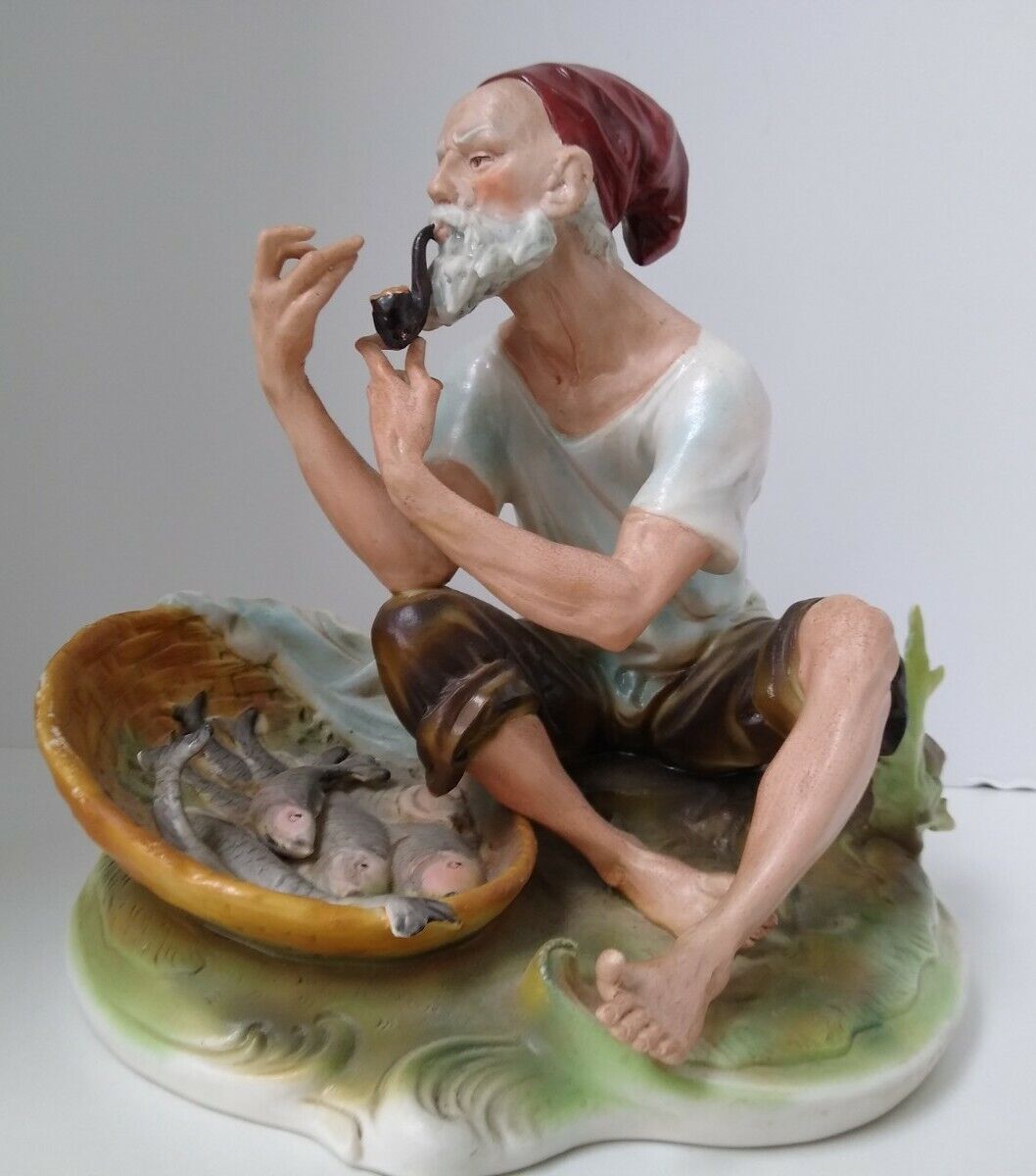 Capodimonte Neapolitan Porcelain Fisherman with Pipe & Fish  Large 8\