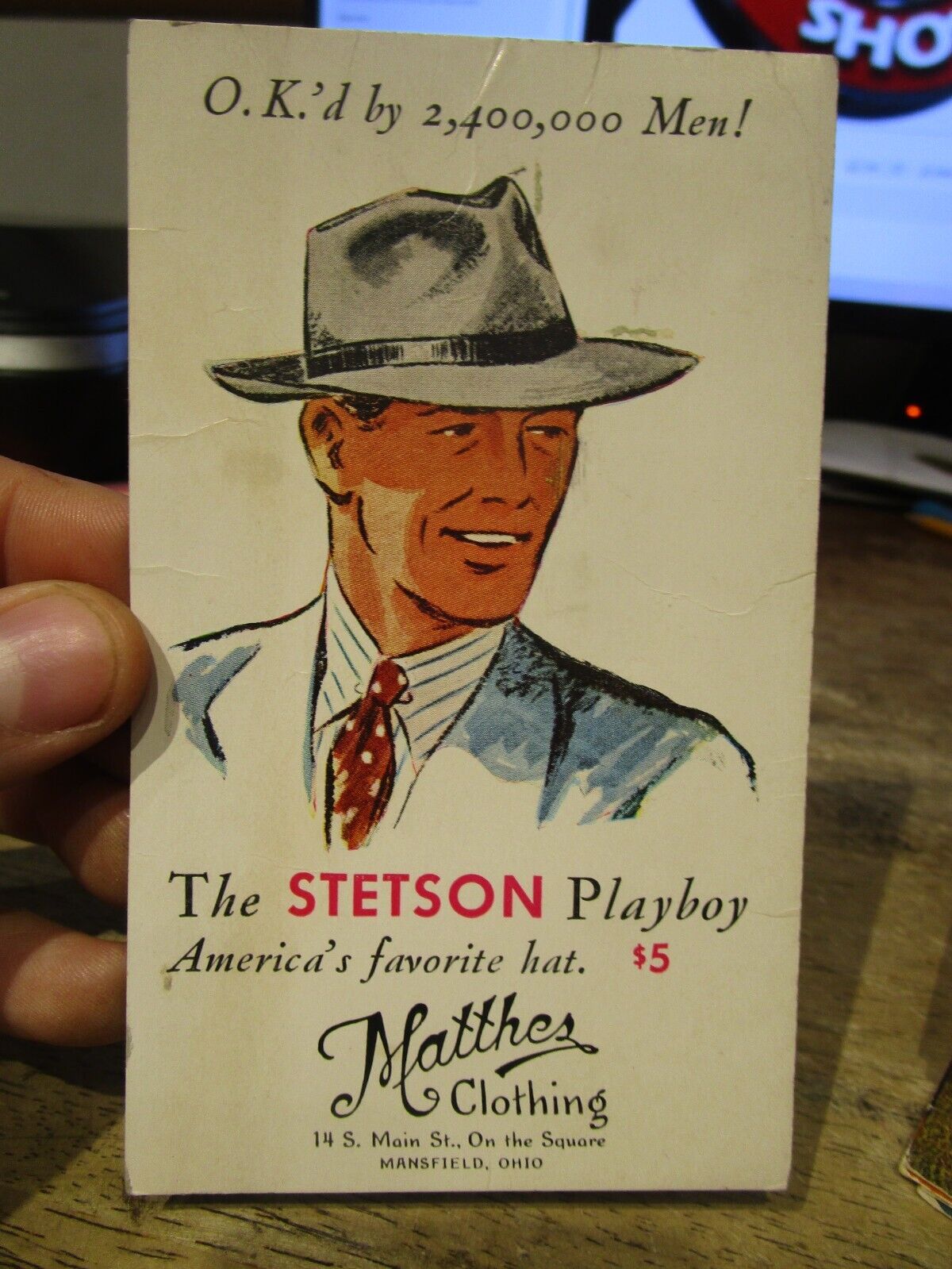 G1 Old MANSFIELD OHIO Postcard Matthes Clothing Mens Store Stetson Playboy Hats