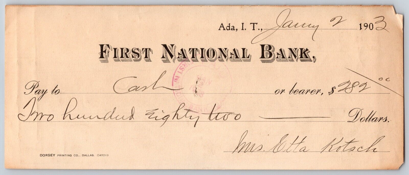 Ada, Oklahoma 1903 Indian Territory First National Bank Check - Scarce