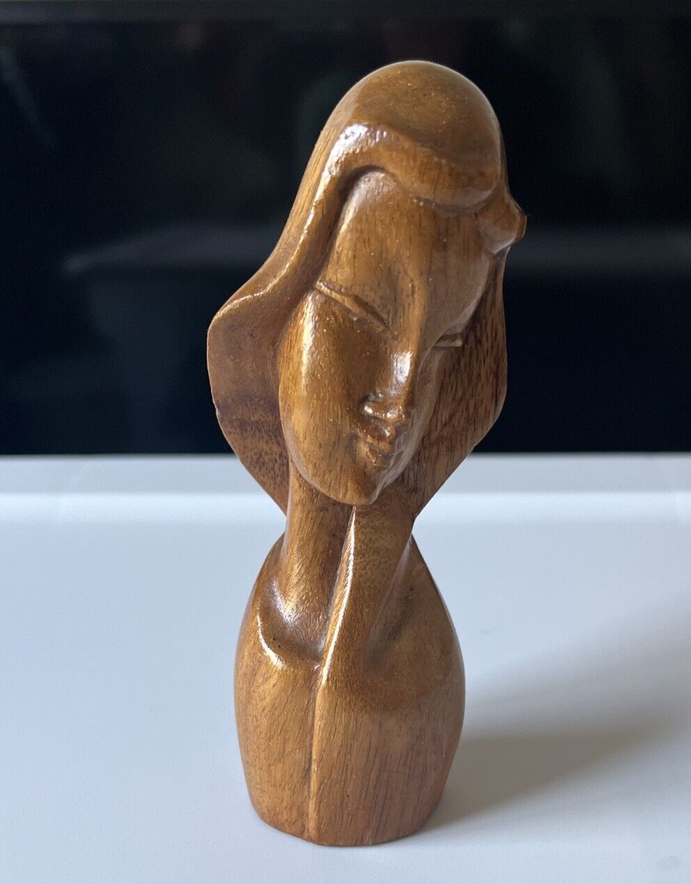 Vintage Woman Face Figurine Abstract Modernist Wooden Sculpture MCM