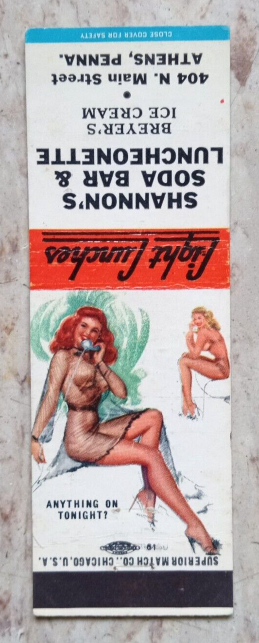 VINTAGE GIRLIE PINUP MATCHBOOK COVER ANYTHING ON TONIGHT? ATHENS, PENNSYLVANIA