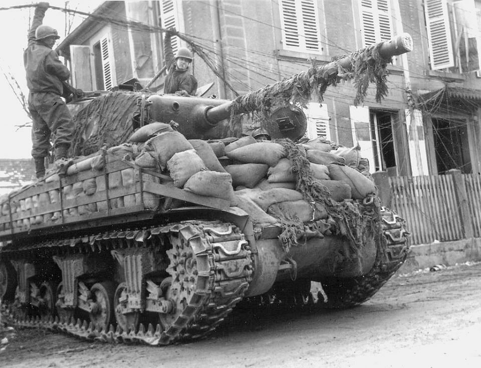 WWII B&W Photo US Army M4 Sherman Tank Rittershofen Germany 1945  WW2 / 3046