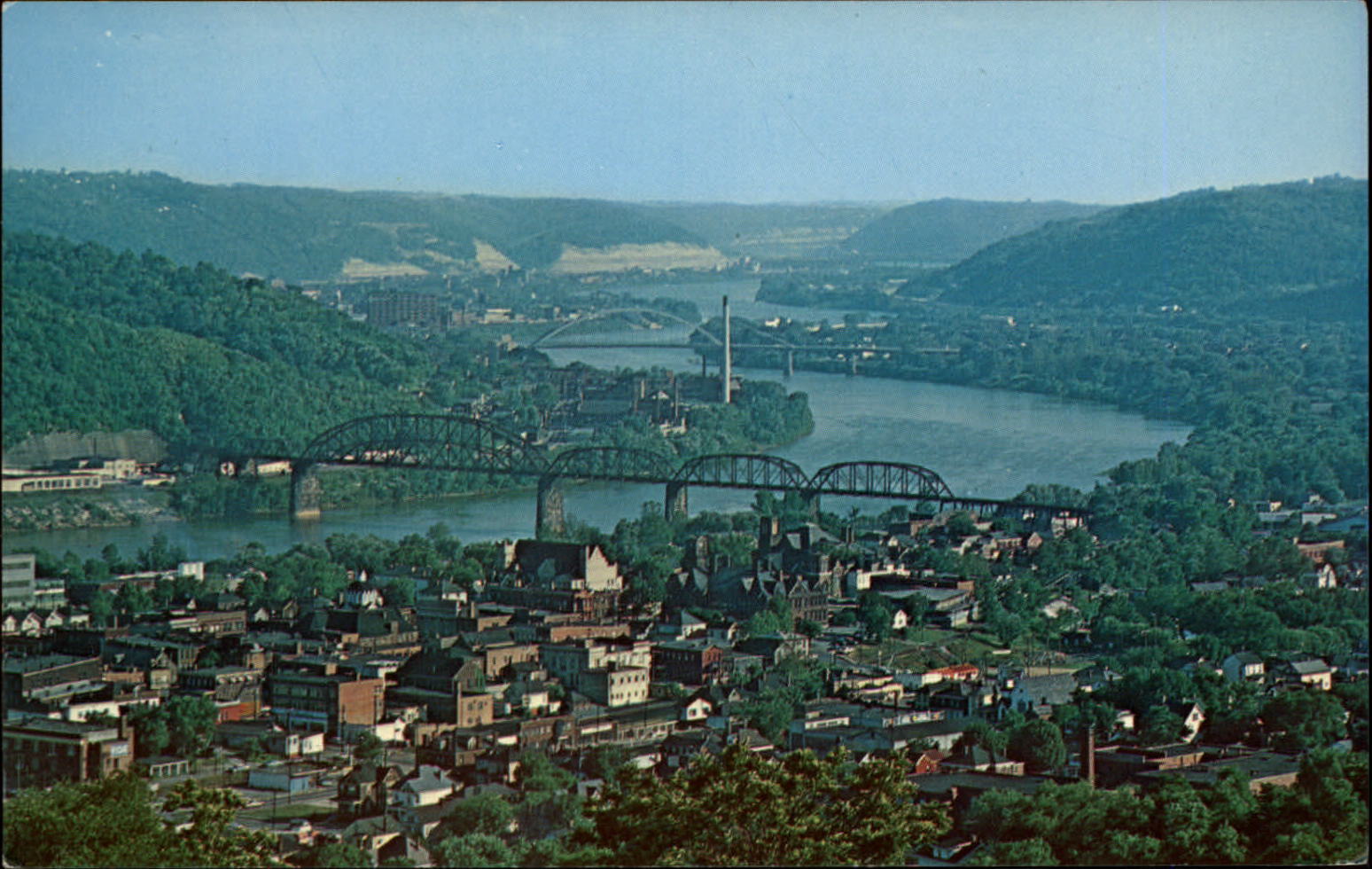 Martins Ferry Ohio ~ Ohio River bridges ~ aerial ~ 1970s postcard