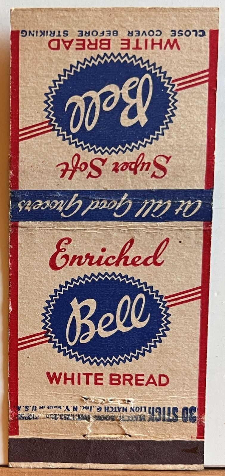 Enriched Super Soft Bell White Bread Vintage Matchbook Cover