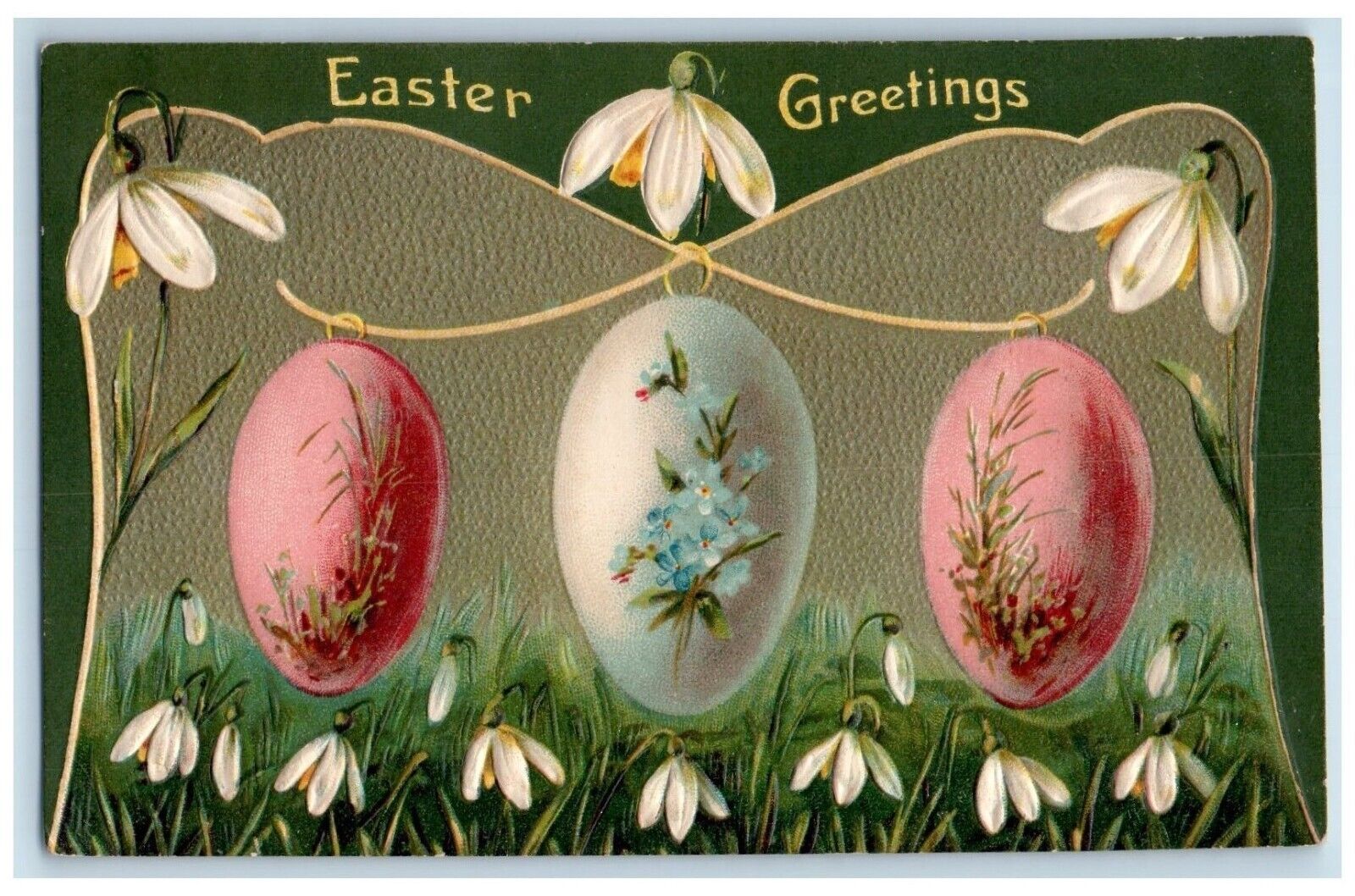 c1910's Easter Greetings Hanging Egg White Flowers Embossed Antique Postcard