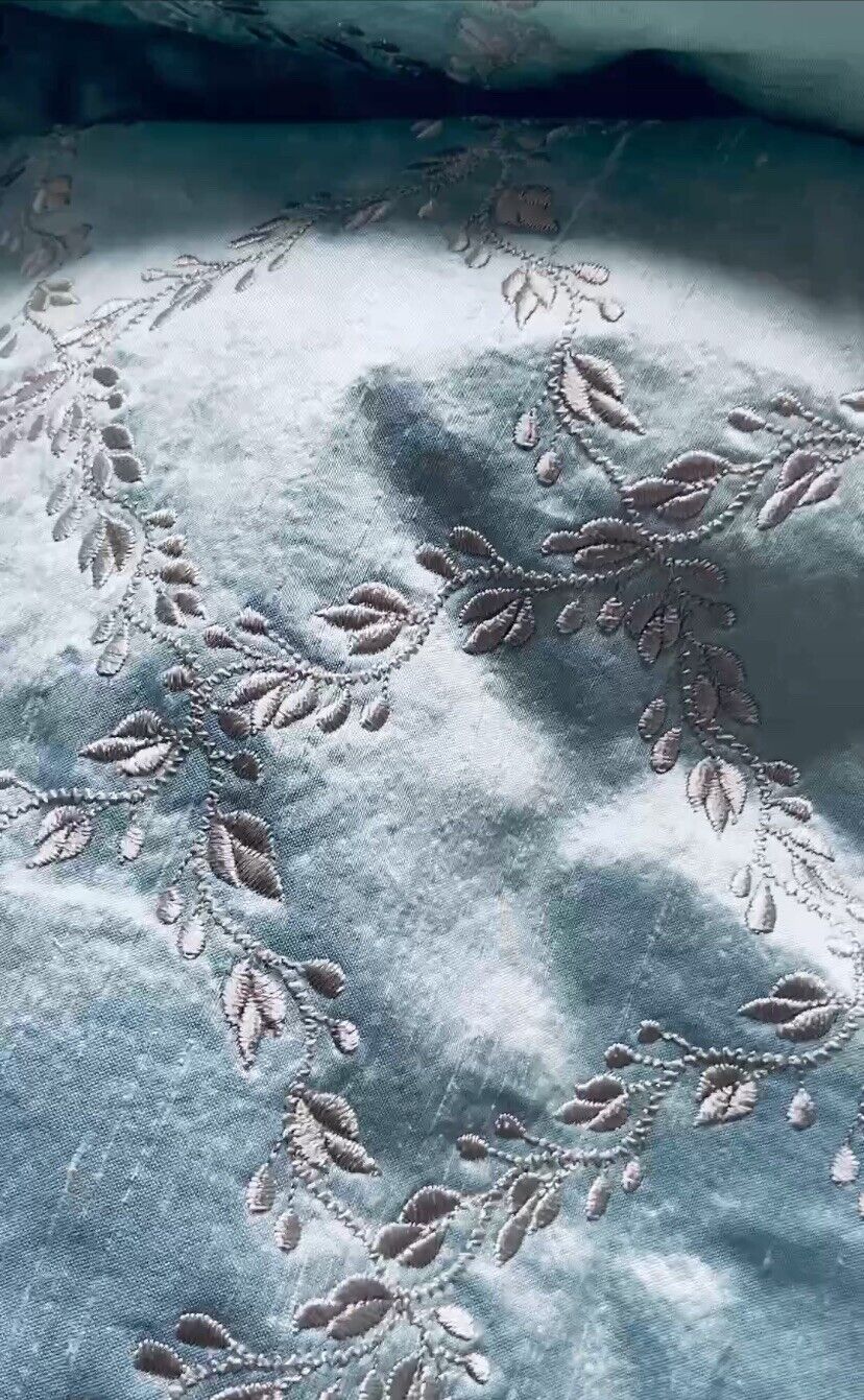 Designer Dupioni Quilted Embroidered Silk Fabric Blue-by The Yard