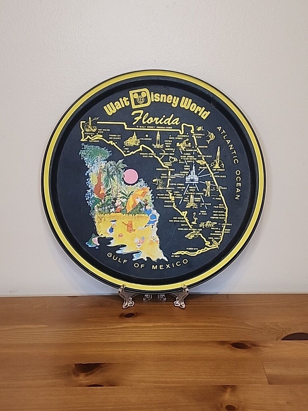 Vintage Walt Disney World Florida Round Tin Metal Tray Plate Souvenir 70s