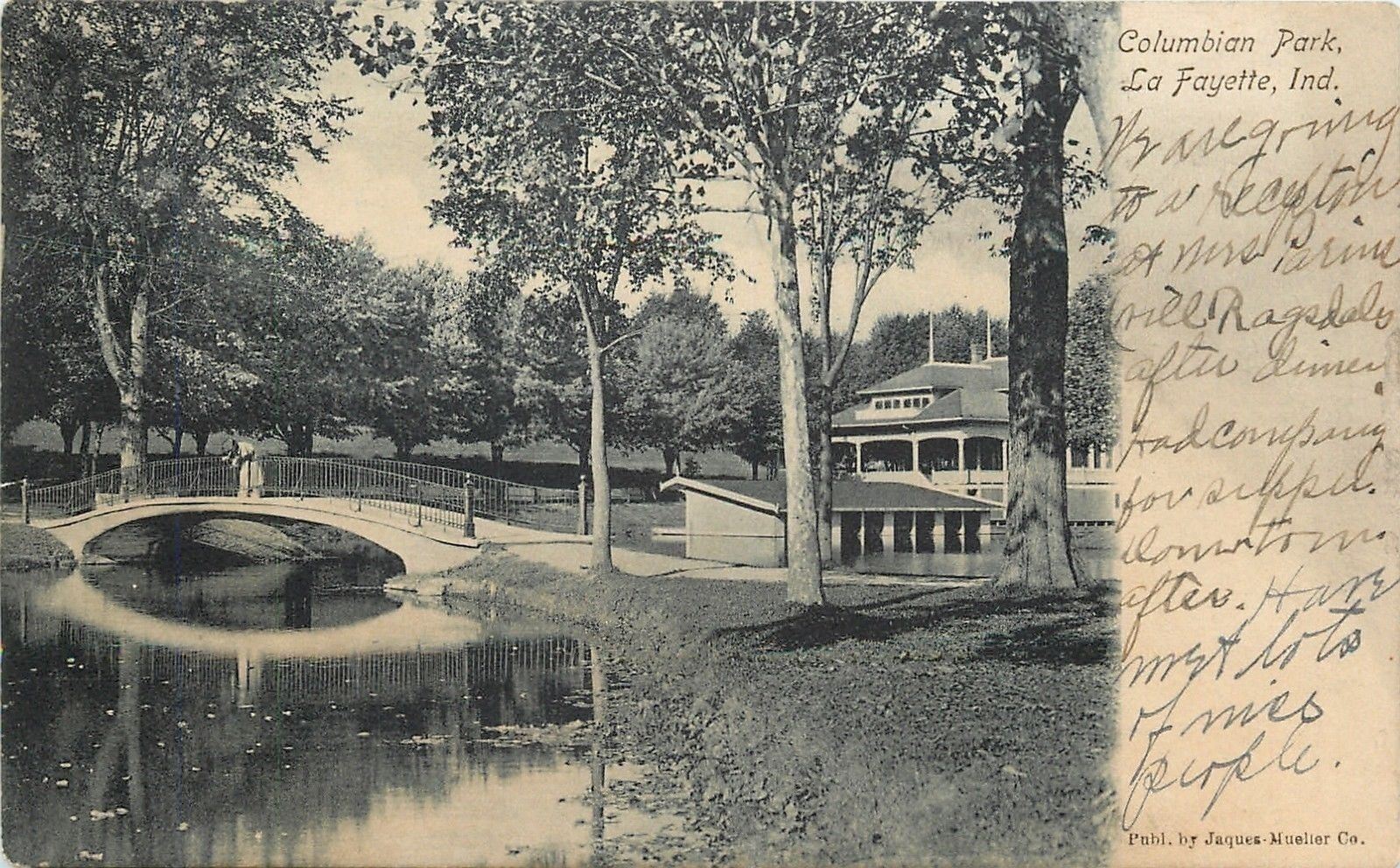 La Fayette Indiana~Lady Leans Over Bridge~Stream in Columbian Park 1908 B&W