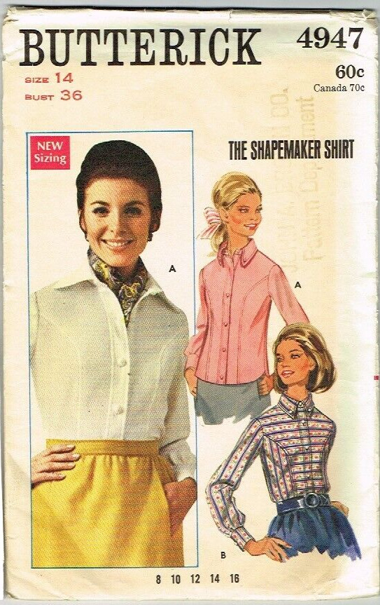 Shapemaker Tailored Shirt Pattern Butterick 4947 Size 14 B 36 1970’s VTG Fashion