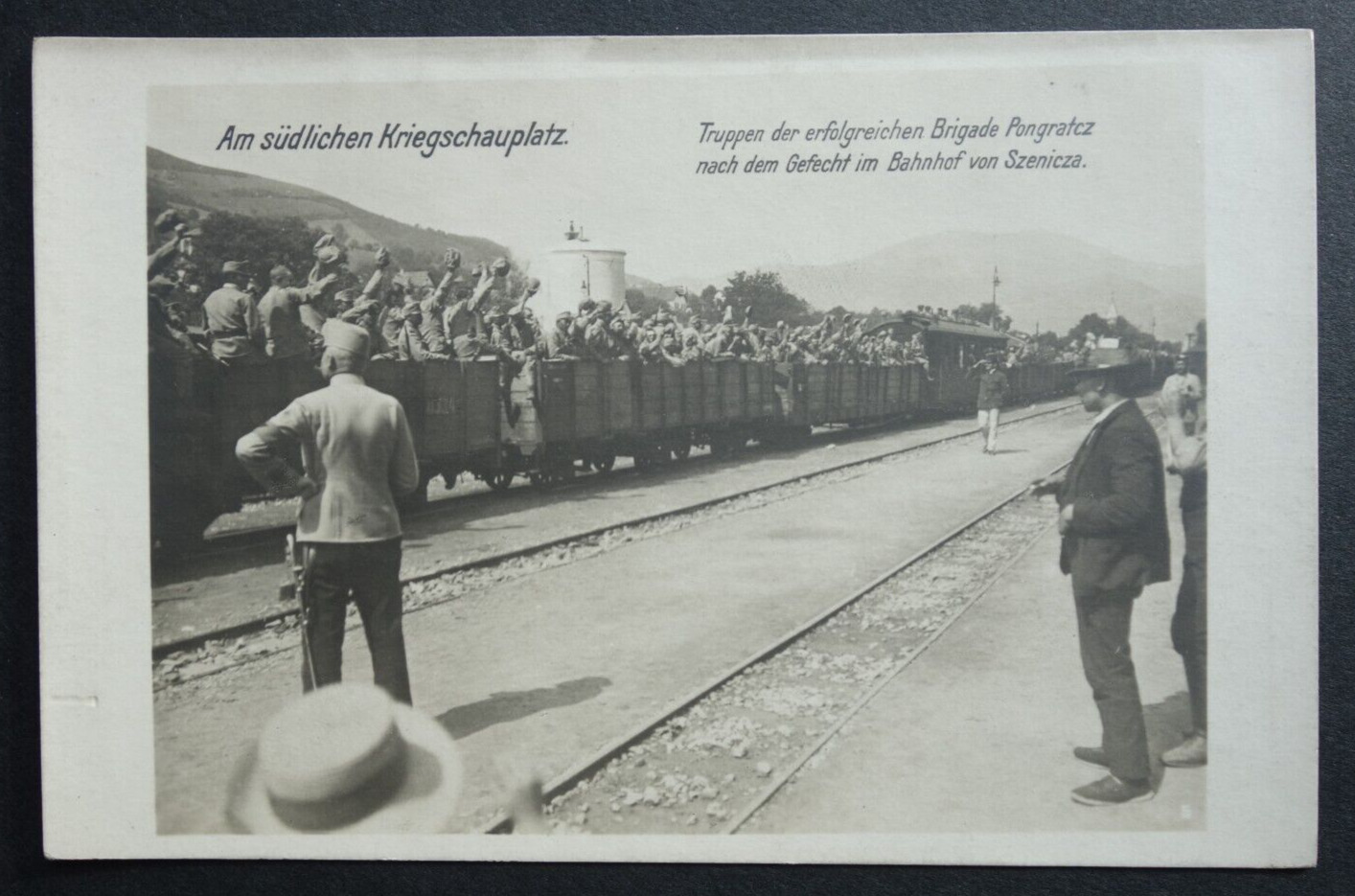 WW 1 Southern Front, Austrian Empire troops arrive Szenicza Station Hungary rppc