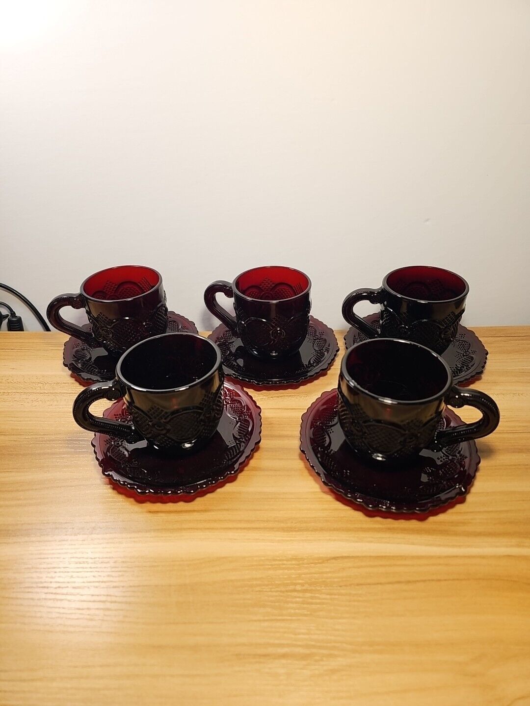 AVON 1876 Ruby Red Cape Collection Set of 5 Cup & Saucer Sets Gothic 
