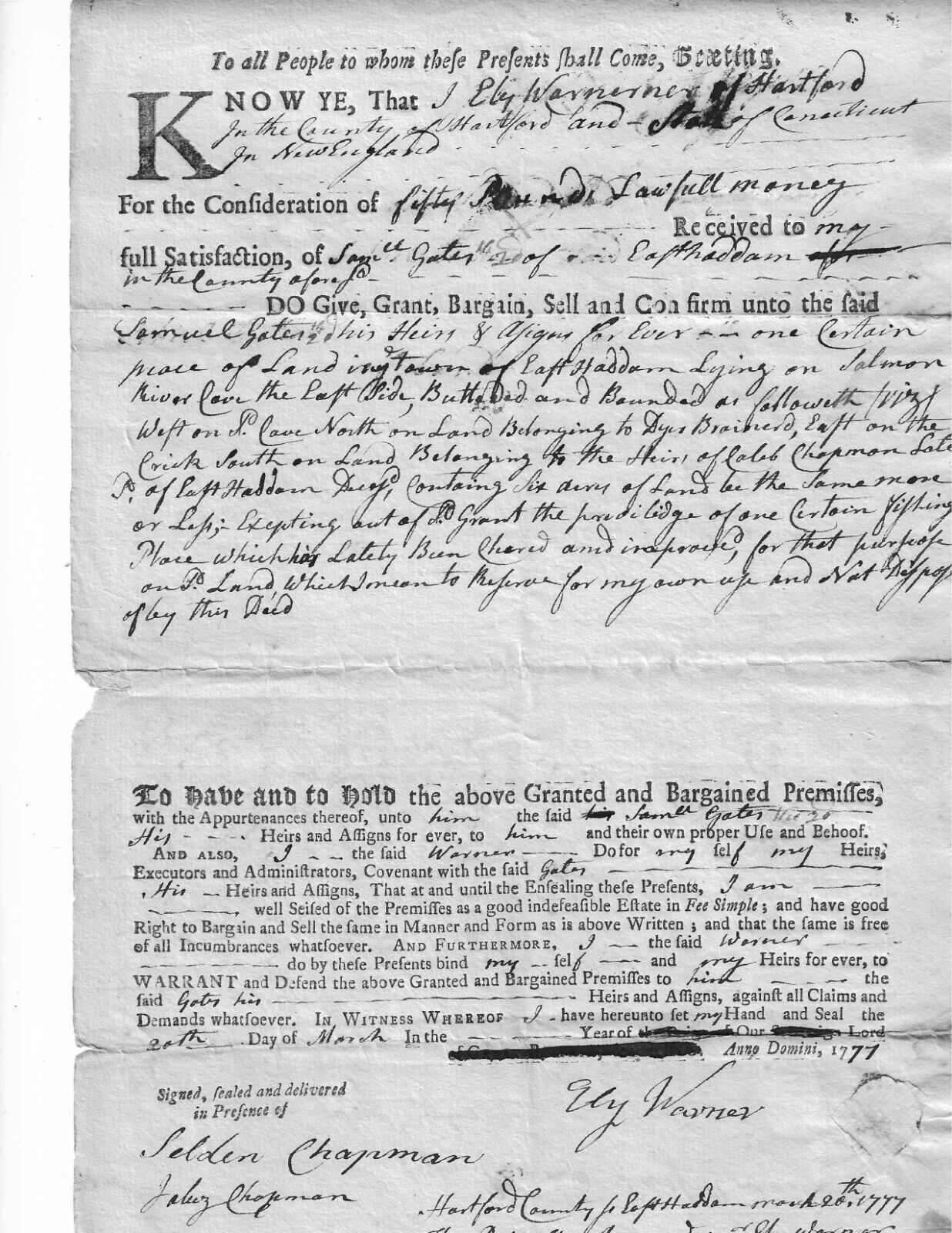 Revolutionary War-Date Deed Involved Several East Haddam Soldiers, Officers