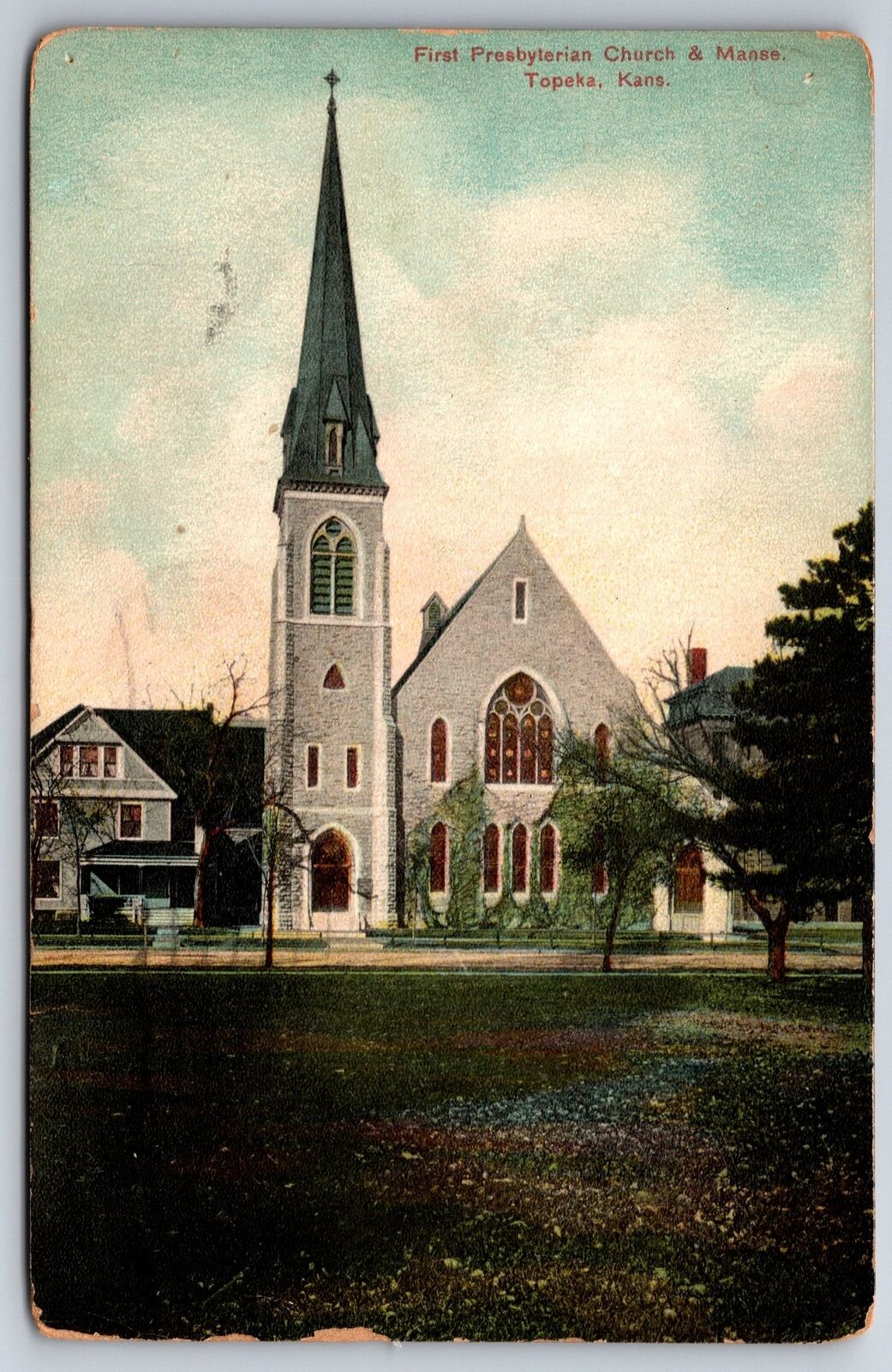 Topeka Kansas~1st Presbyterian Church & Manse~1924 Postcard