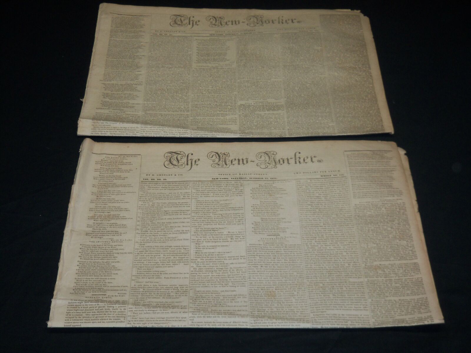 1836 OCTOBER 15 & 22 THE NEW YORKER NEWSPAPER LOT OF 2 ISSUES - NP 4868