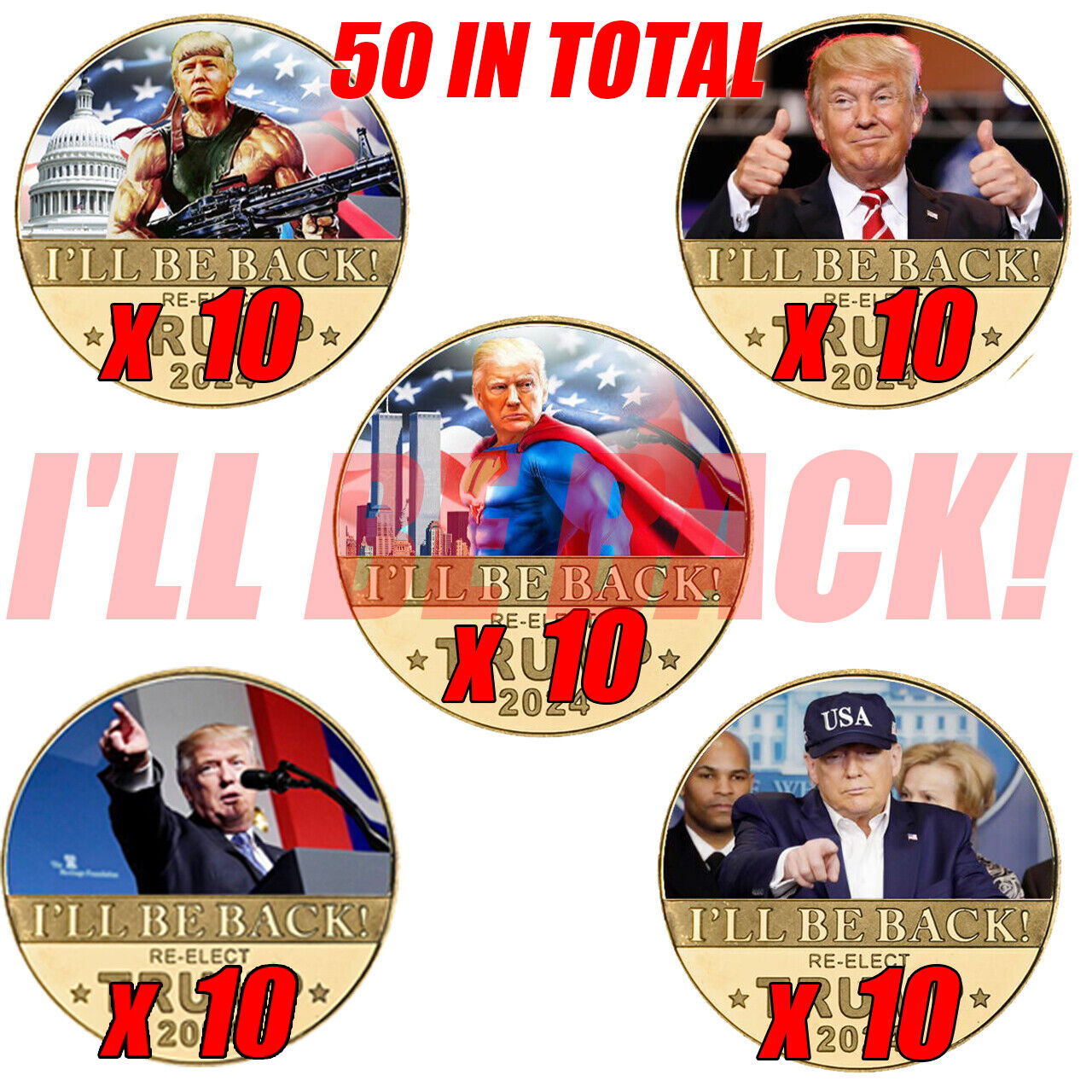 50Pcs Set 45Th President Donald Trump MAGA King Gold Commemorative Coin 2024