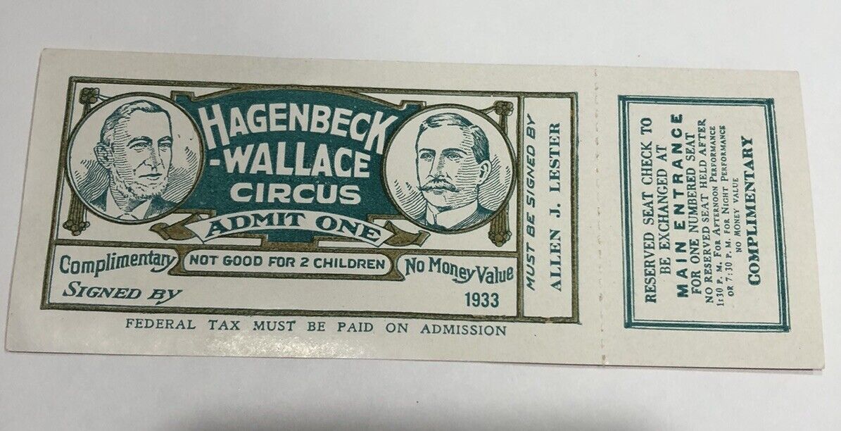 Very Scarce Unused Hagenbeck-Wallace Circus Ticket 1933 Green Print