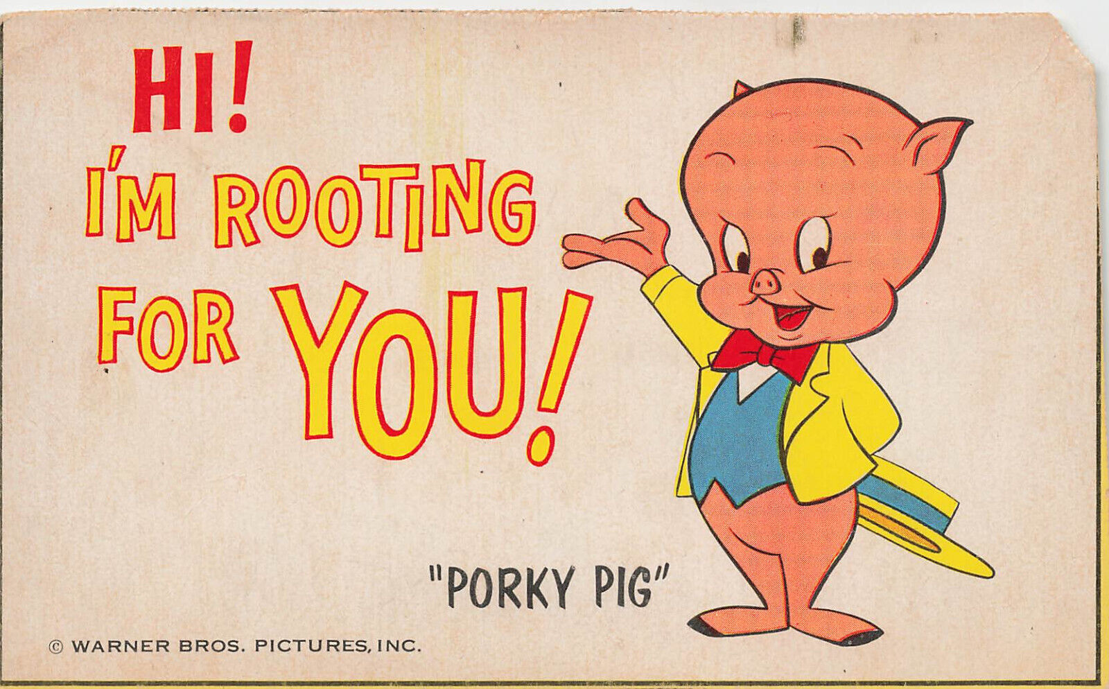 PORKY PIG IS ROOTING FOR YOU GREETING POSTCARD 1950s WARNER BROS PICTURES INC