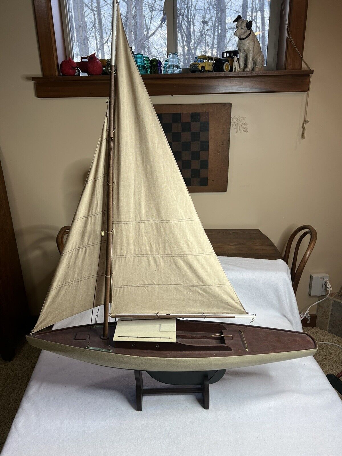 Vintage Large Pond Boat Hollow Wood Sailing Yacht W/Stand - Two Sails 36”L, 47”T