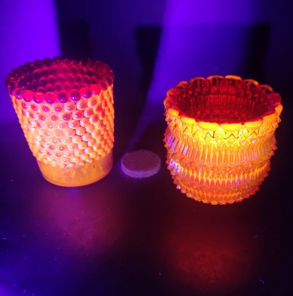 🔥 Cadmium Faroy Diamond Point Amberina glass candle holder & Ruby Red Hobnail🔥