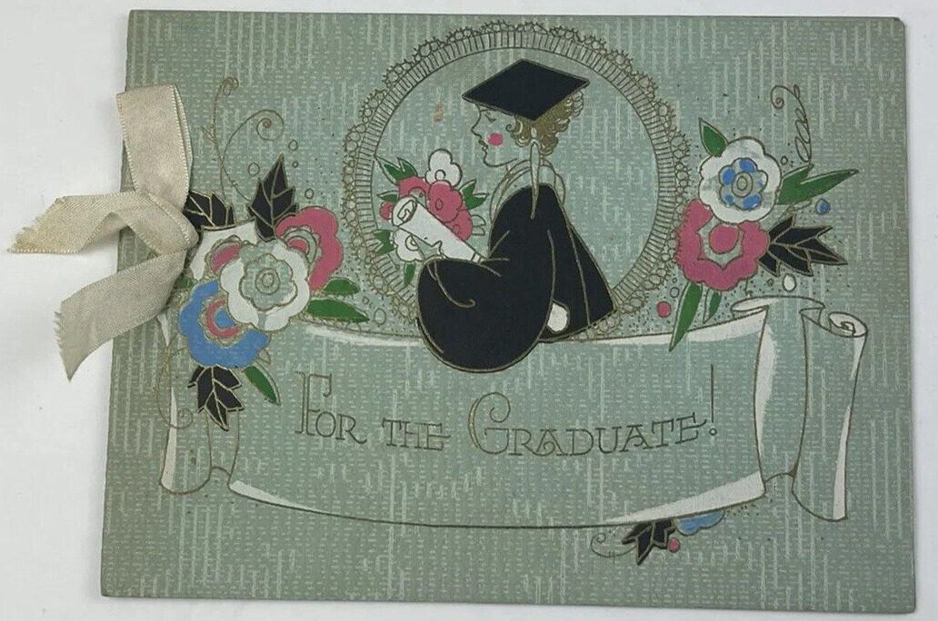 Vtg 1930s Graduation Greeting Card Booklet Diploma Florals Blue/Green 6.25x 4.75