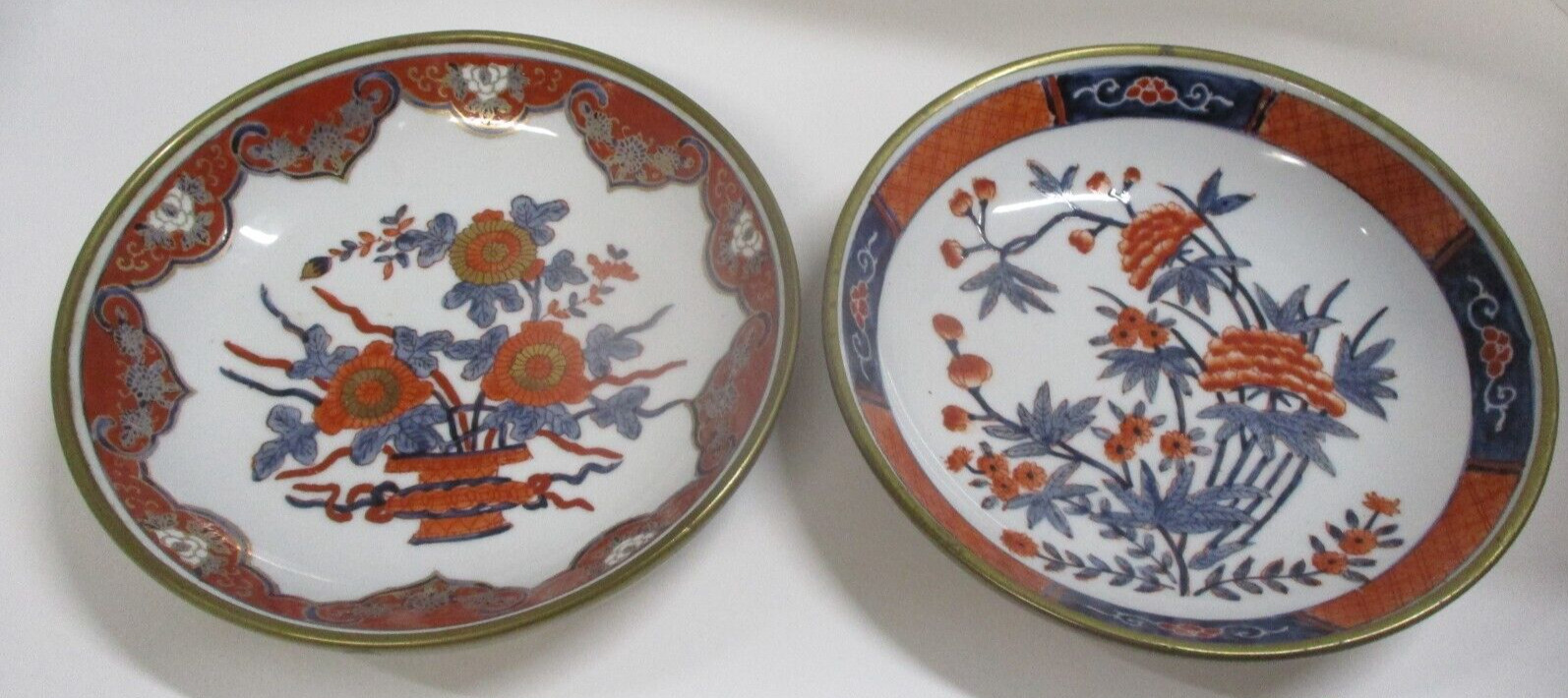 2 Vtg ACF Japanese Porcelain Ware Brass Encased Bowls Decorated in Hong Kong
