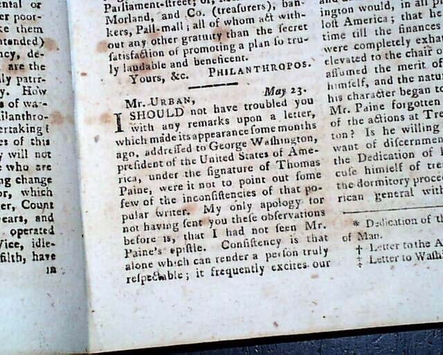 Thomas Paine 18th Century Letter to President George Washington 1797 Magazine