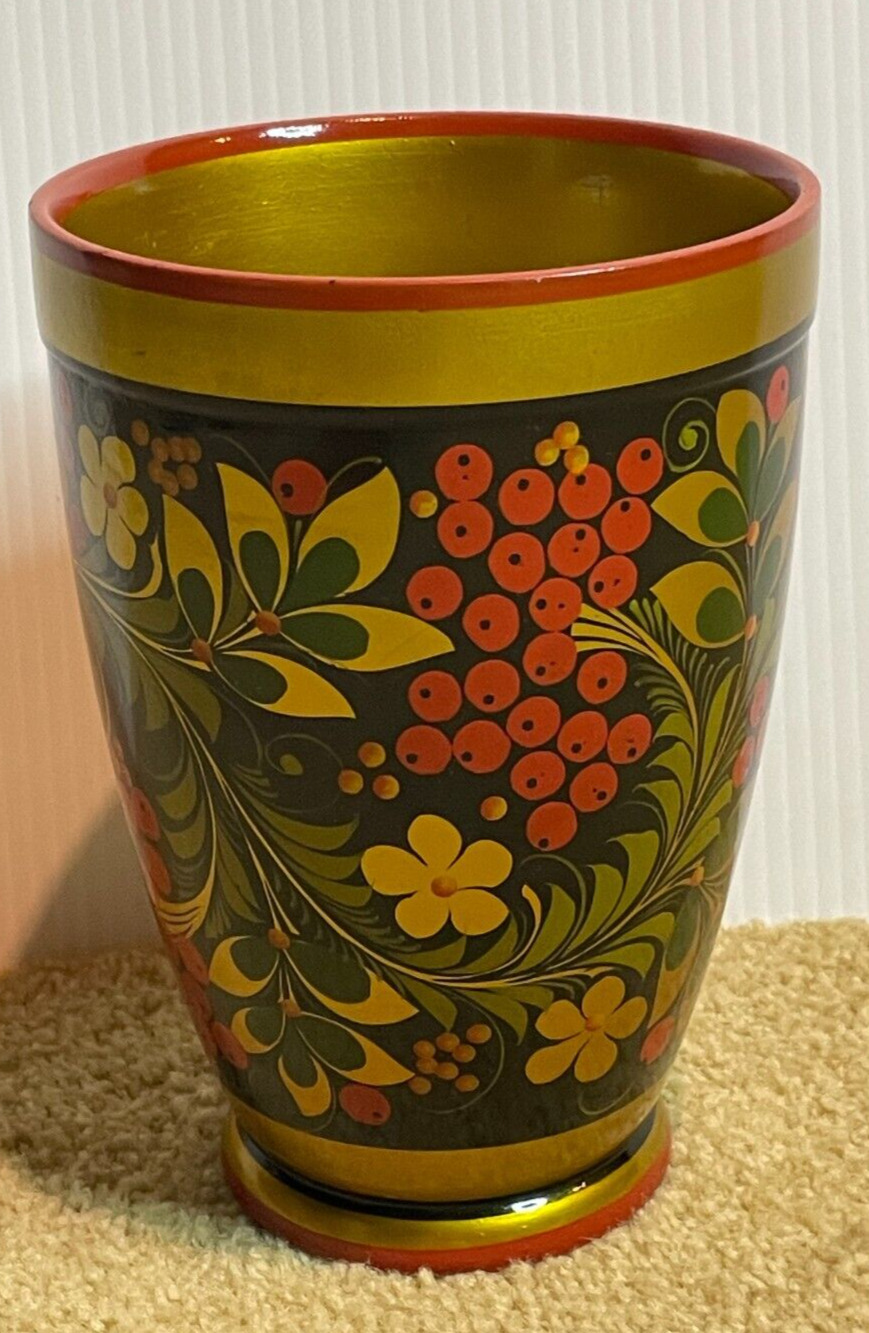 Vintage 1970s Russian Khokhloma Handpainted Lacquer Wood Floral Vase Folk Art