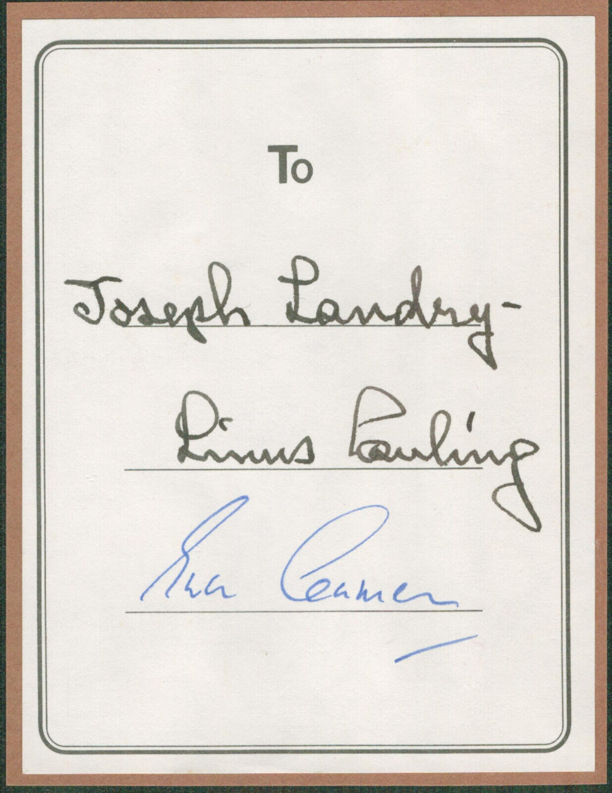 Linus Pauling SIGNED AUTOGRAPH Bookplate Note
