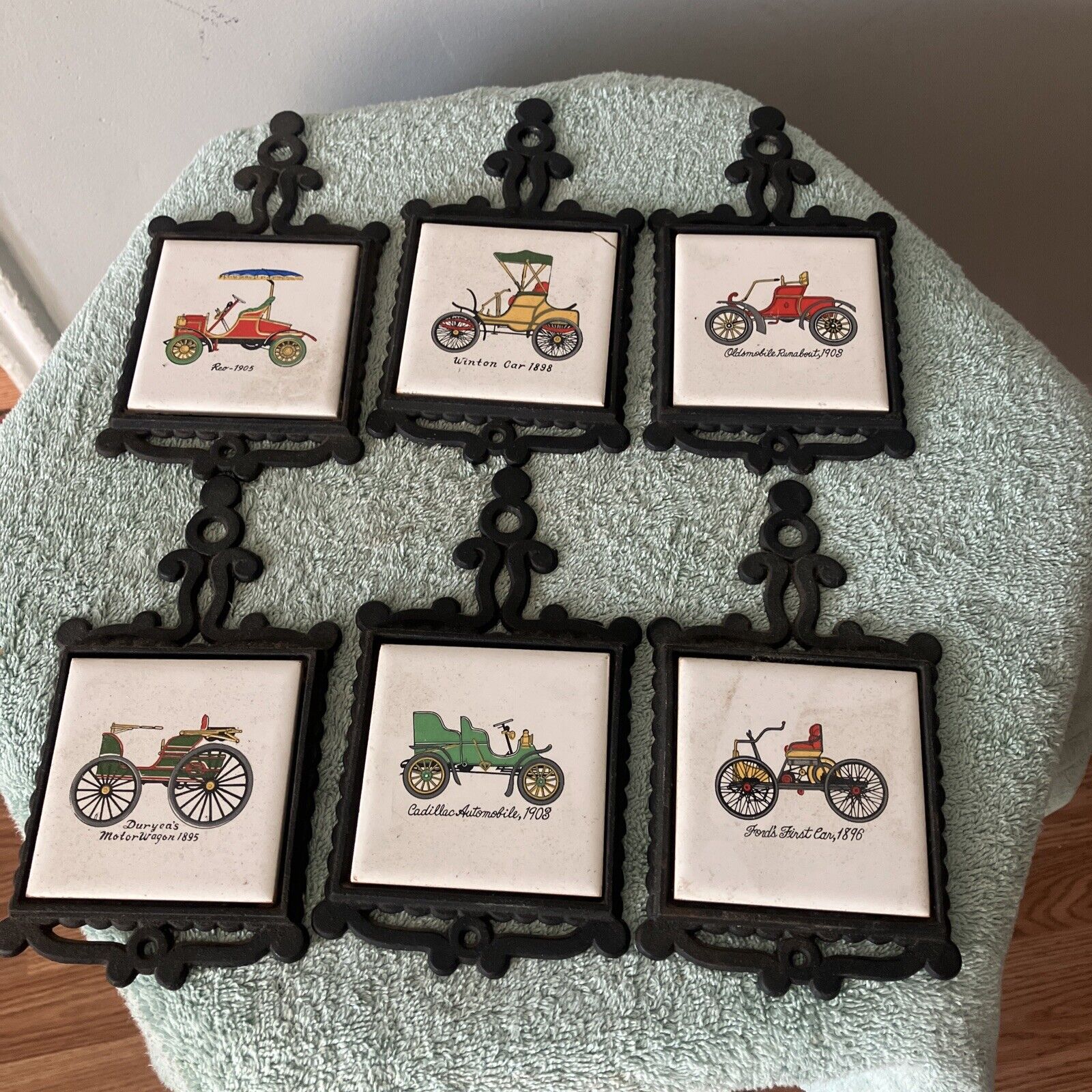 Set Of 6 Ceramic  and Cast Iron Trivets Featuring Old Fashioned Cars Japan