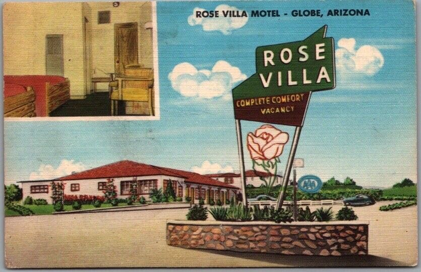 GLOBE, Arizona Postcard ROSE VILLA MOTEL Highway 60 / 70 Roadside Linen c1950s