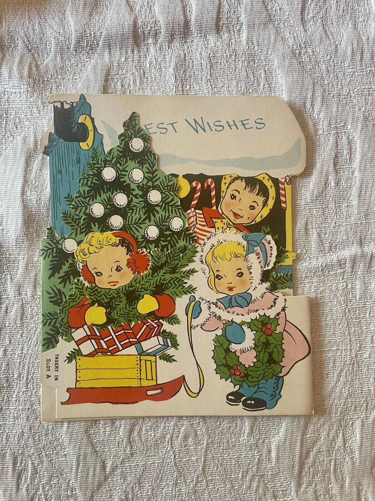 Vtg Christmas Greeting Card Diecut Standup 3D Boys Girls Xmas Tree 1950s  UNUSED