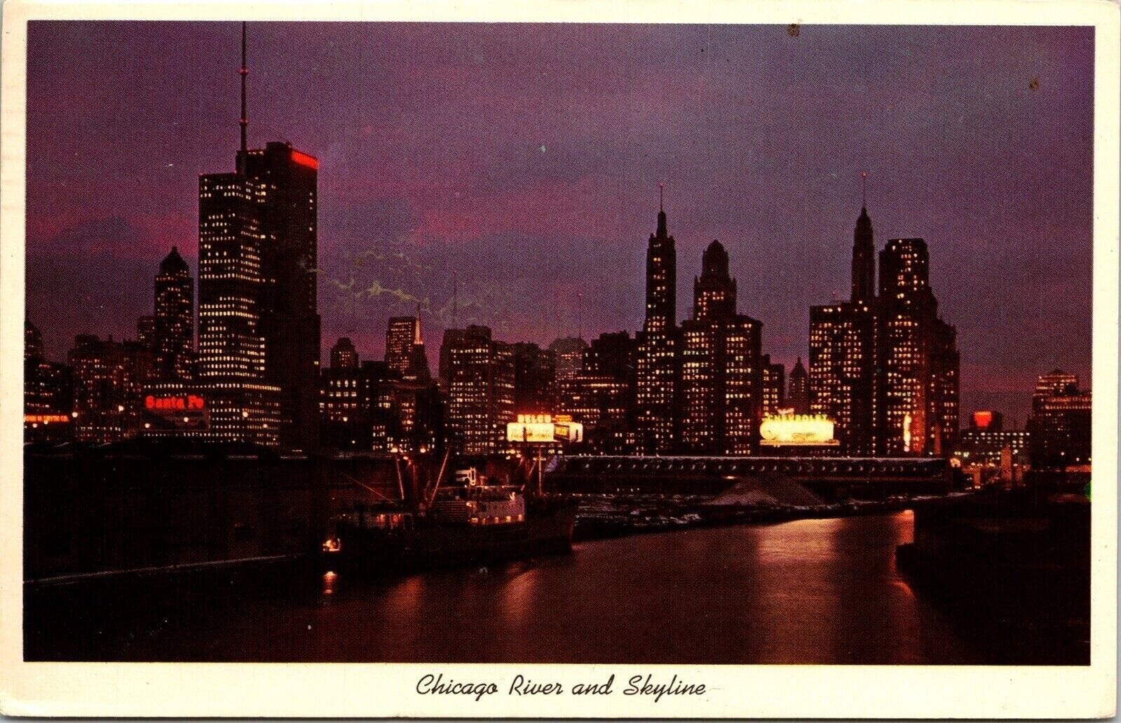 Chicago River Skyline Night Picturesque Illinois Postcard PM Saint Charles IL