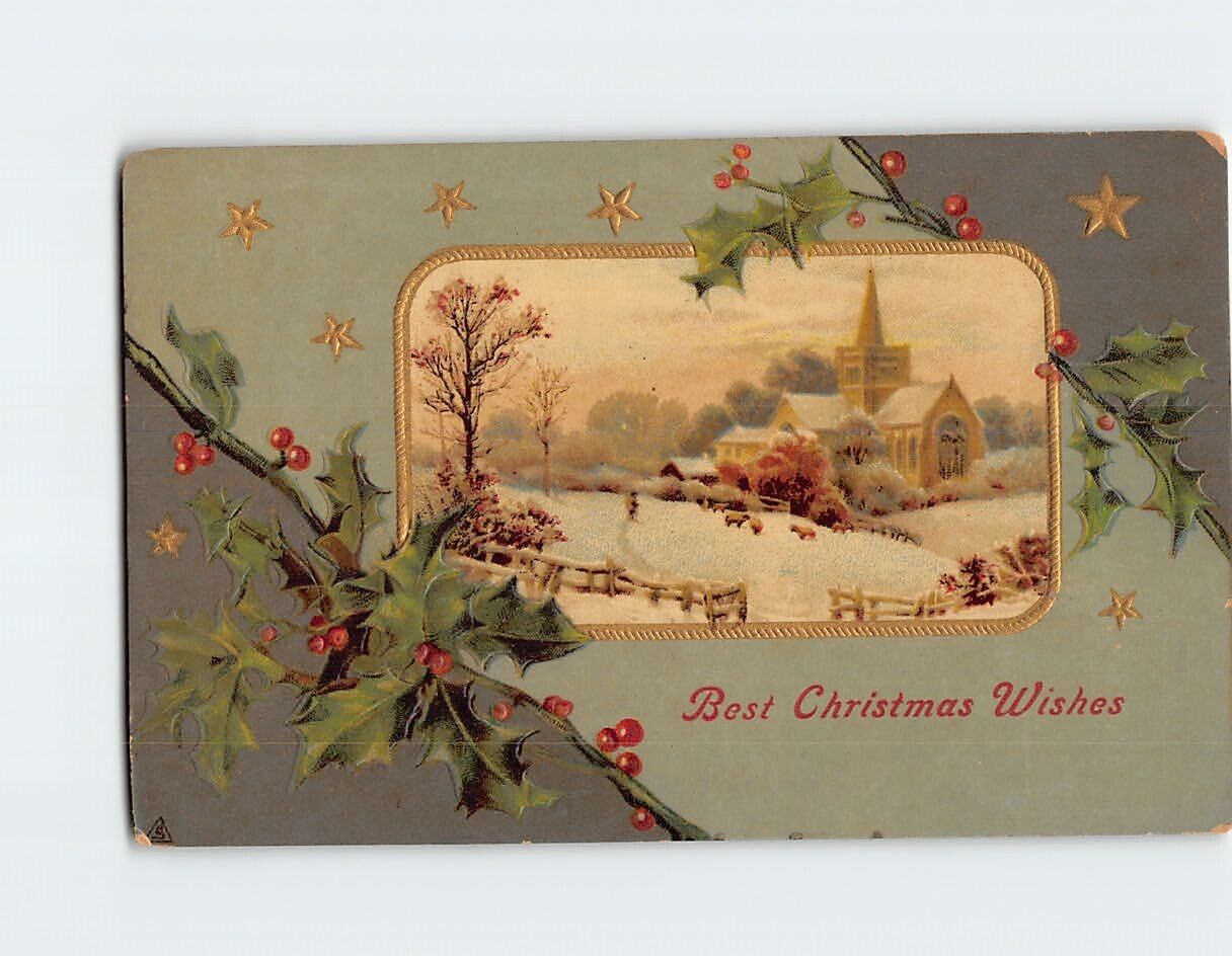 Postcard Best Christmas Wishes with Hollies Starts Embossed Art Print